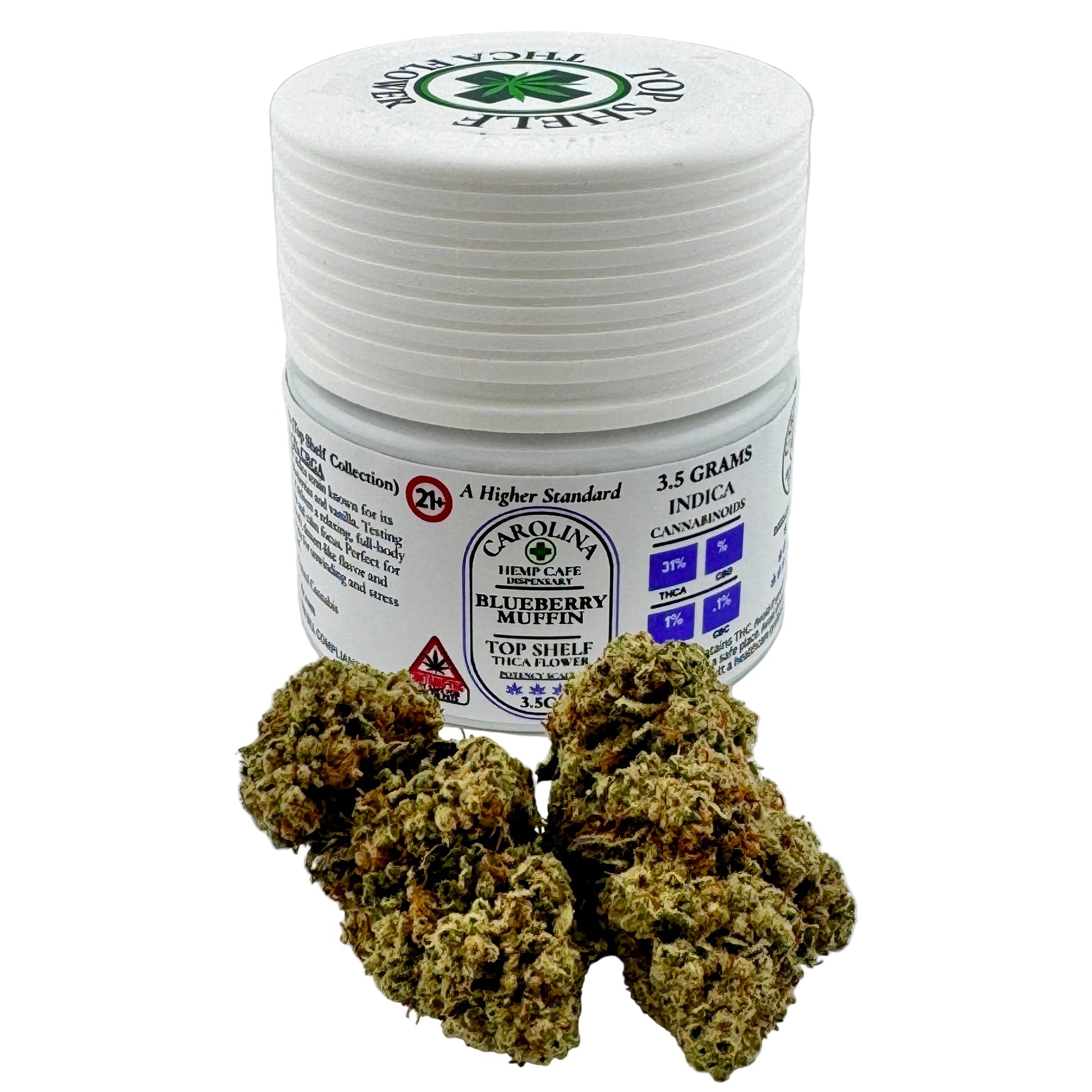 Jar of cannabis buds with a label on a white background