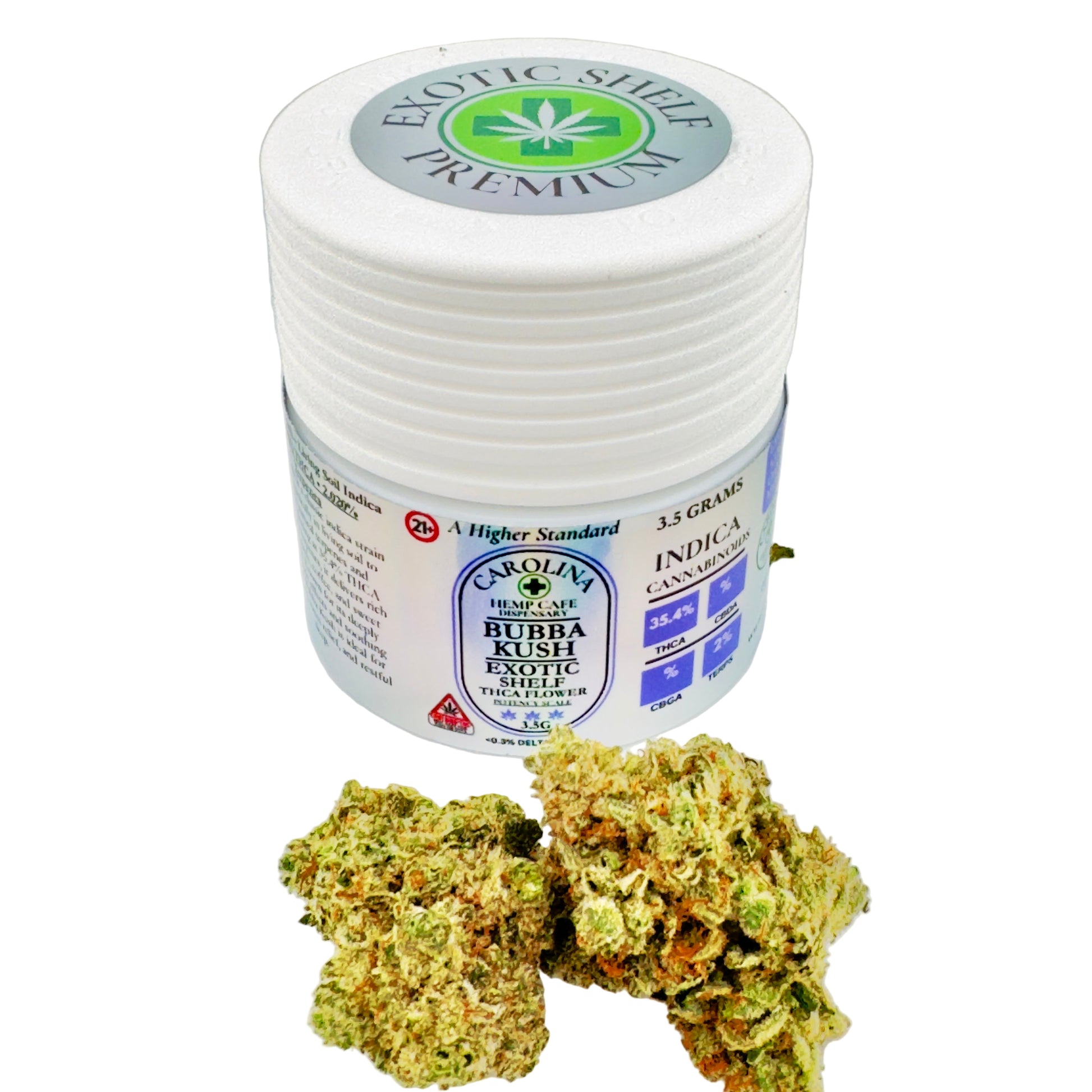 Jar of Carolina Hemp Farms Bubba Kush with cannabis buds on a white background