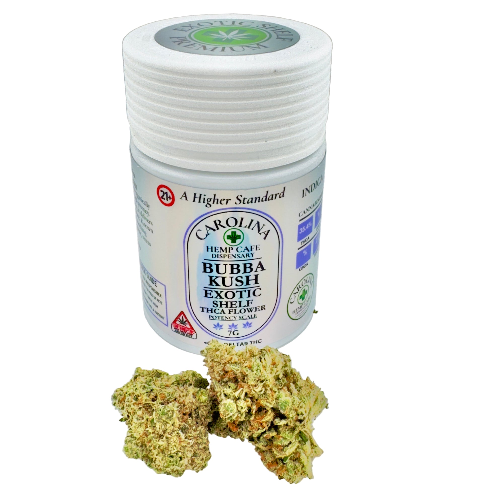 Jar of Bubba Kush exotic shelf flower with green cannabis buds on a white background