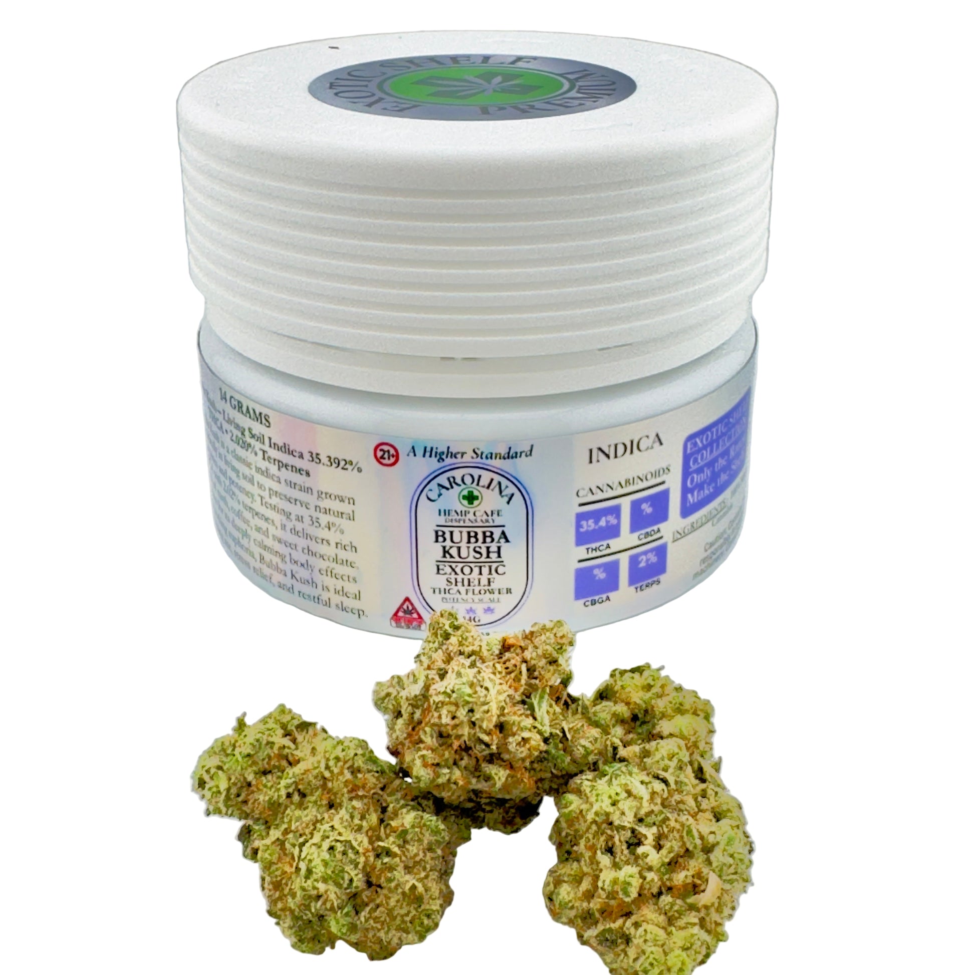 Jar of cannabis product with indica label and cannabis buds on a white background