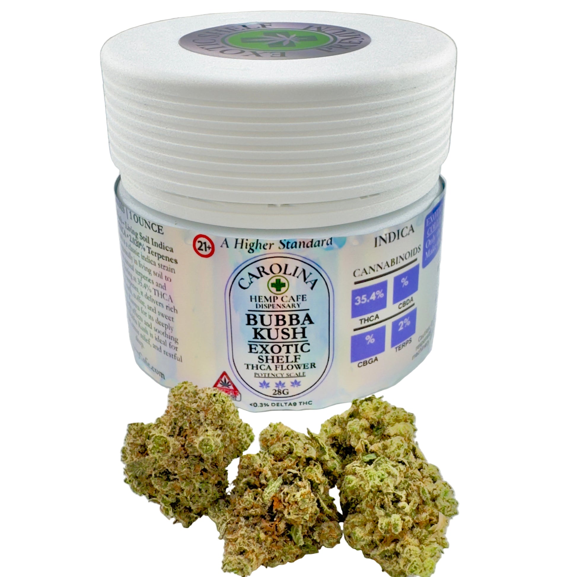 Jar of Carolina Hemp Cafe Bubba Kush Exotic Shelf Flower with cannabis buds on a white background