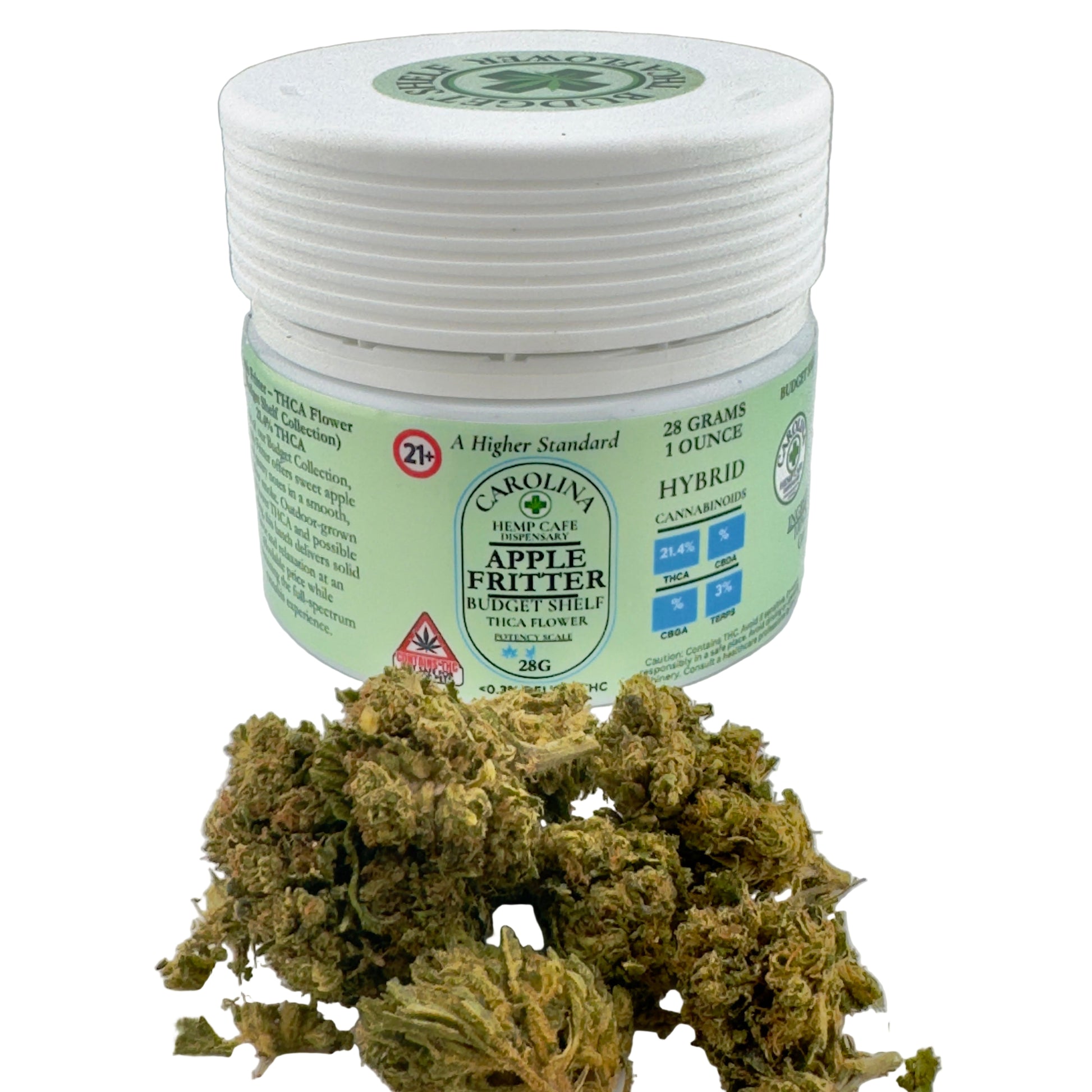 Jar of marijuana with visible branding on a white background