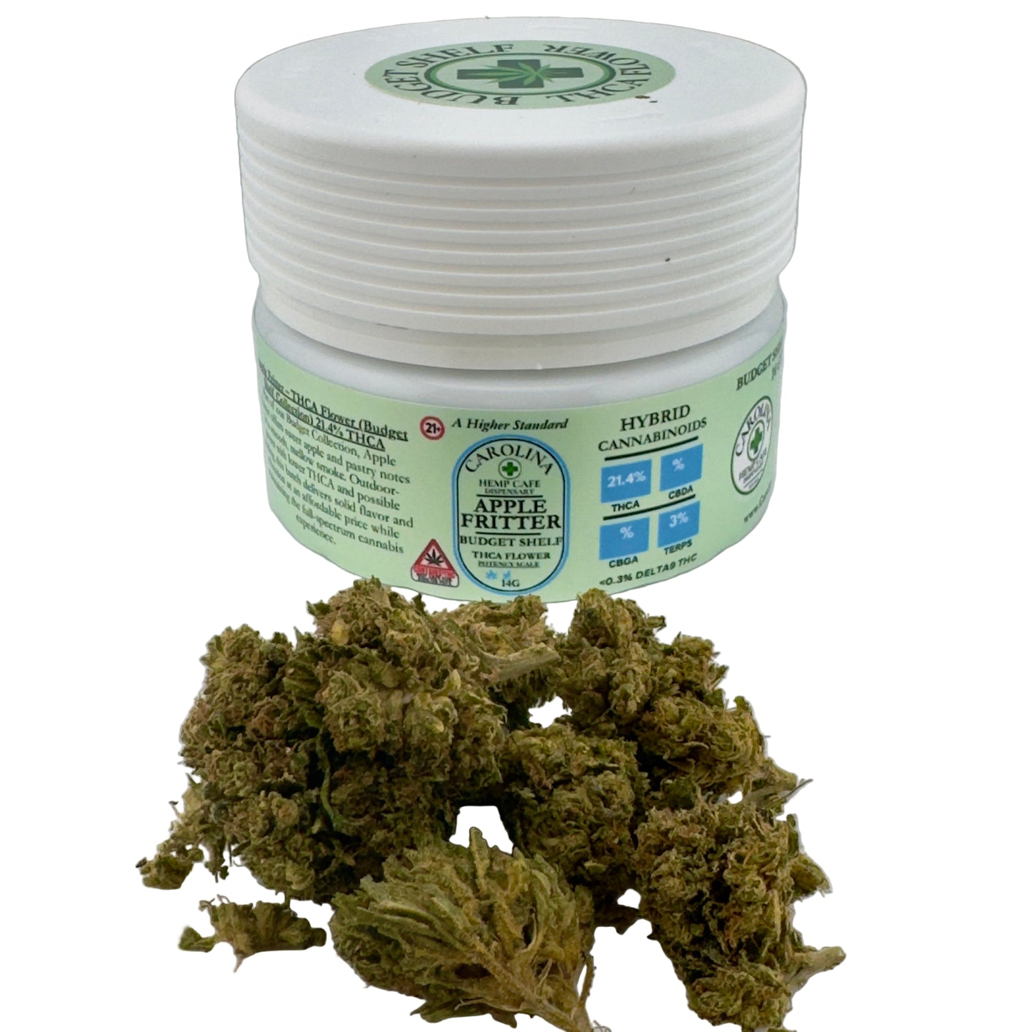 Jar of cannabis buds with a visible brand label on a white background