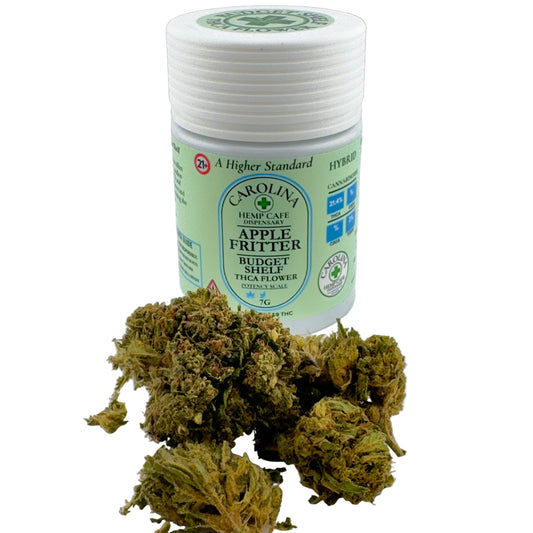 Jar of 'Carolina Hemp Cafe' Apple Fritter with cannabis buds on a white background