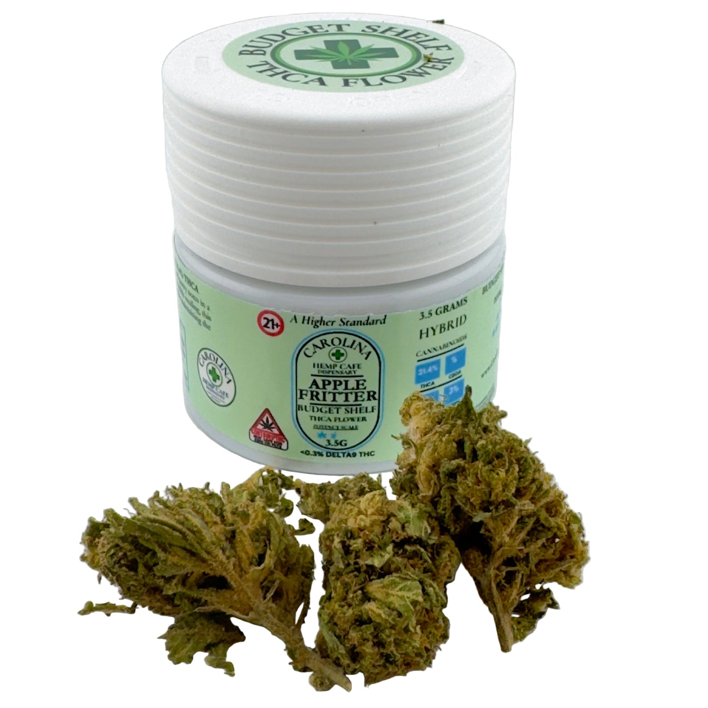 Jar of cannabis flower with visible branding on a white background