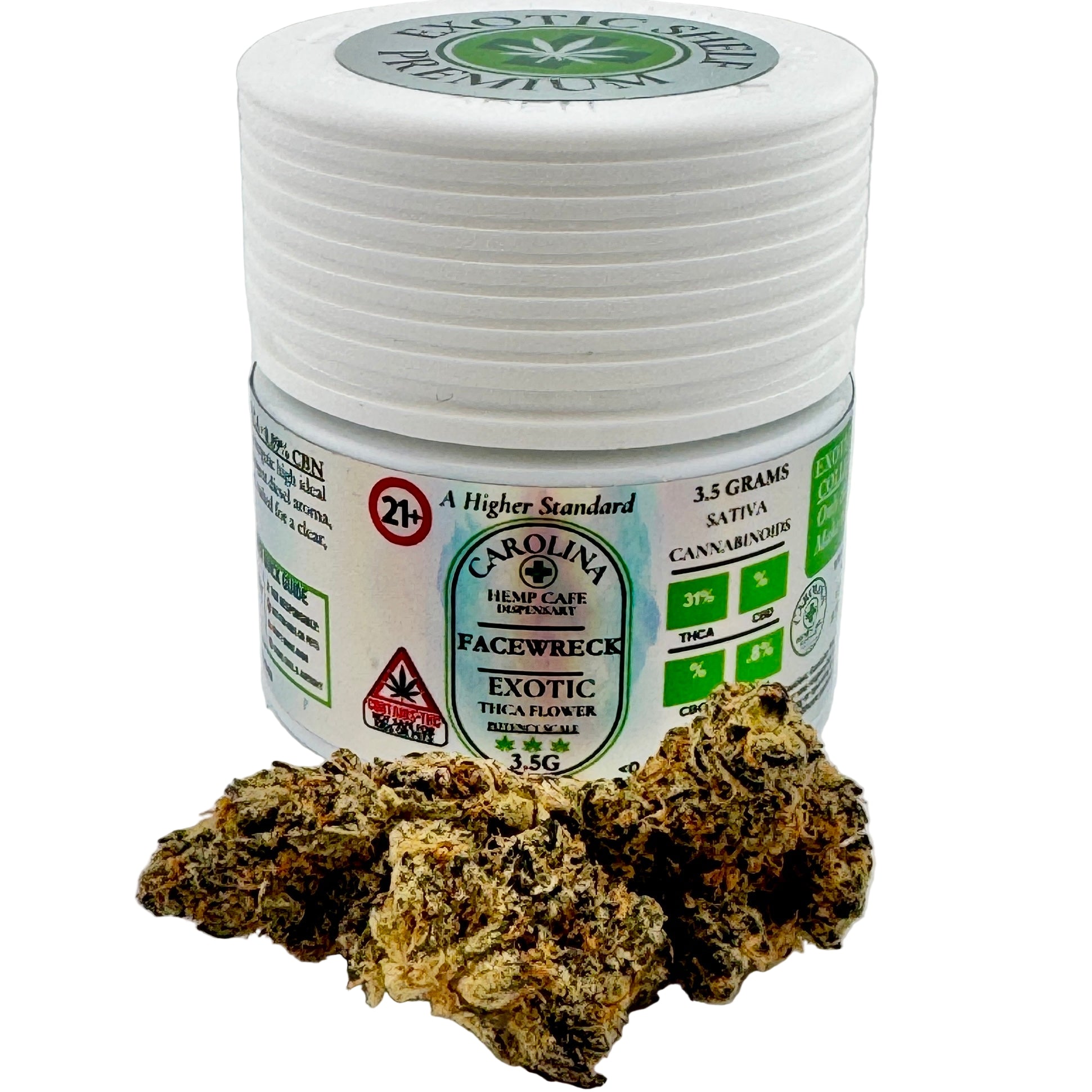 Jar of Carolina Hemp CBD Flower with cannabis buds on a white background