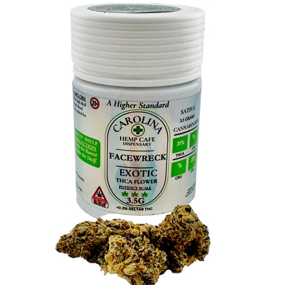 Jar of Carolina Hemp Cafe dispensary with cannabis buds on a white background