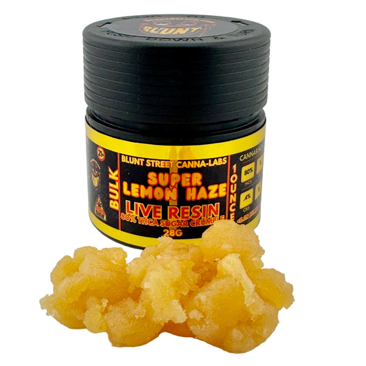 Jar of Super Lemon Haze live resin with yellow substance on a white background