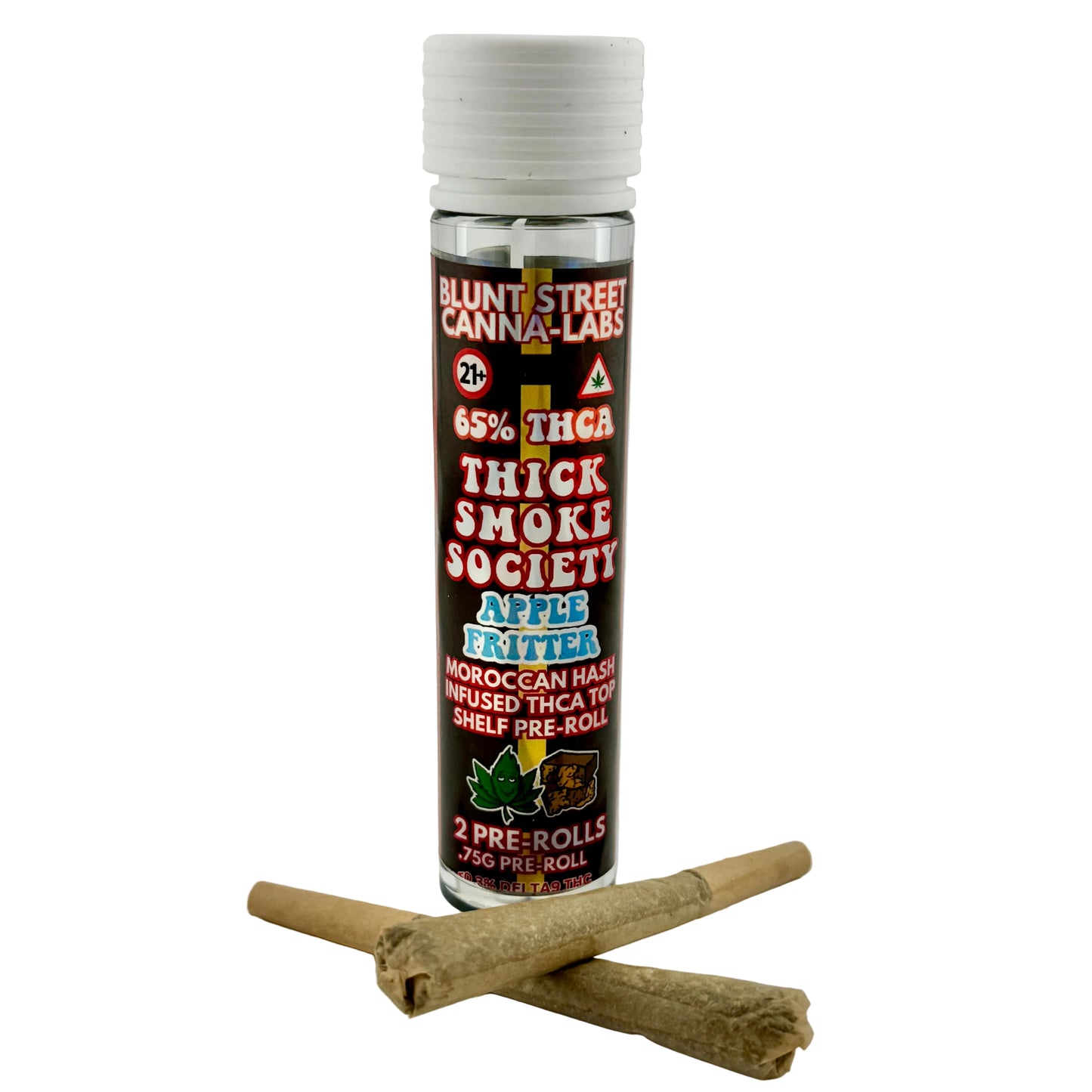 Cannabis product packaging with pre-rolled joints on a gray background