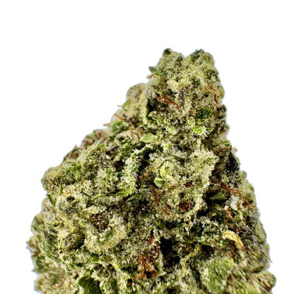 Close-up of a green cannabis bud on a light gray background