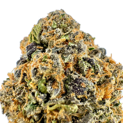 Close-up of a cannabis bud with green and orange colors on a white background