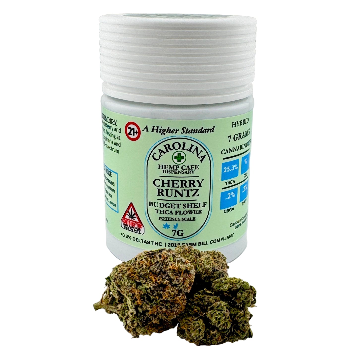 Jar of Carolina Hemp Cafe Dispensary Cherry Runtz with cannabis buds on a white background