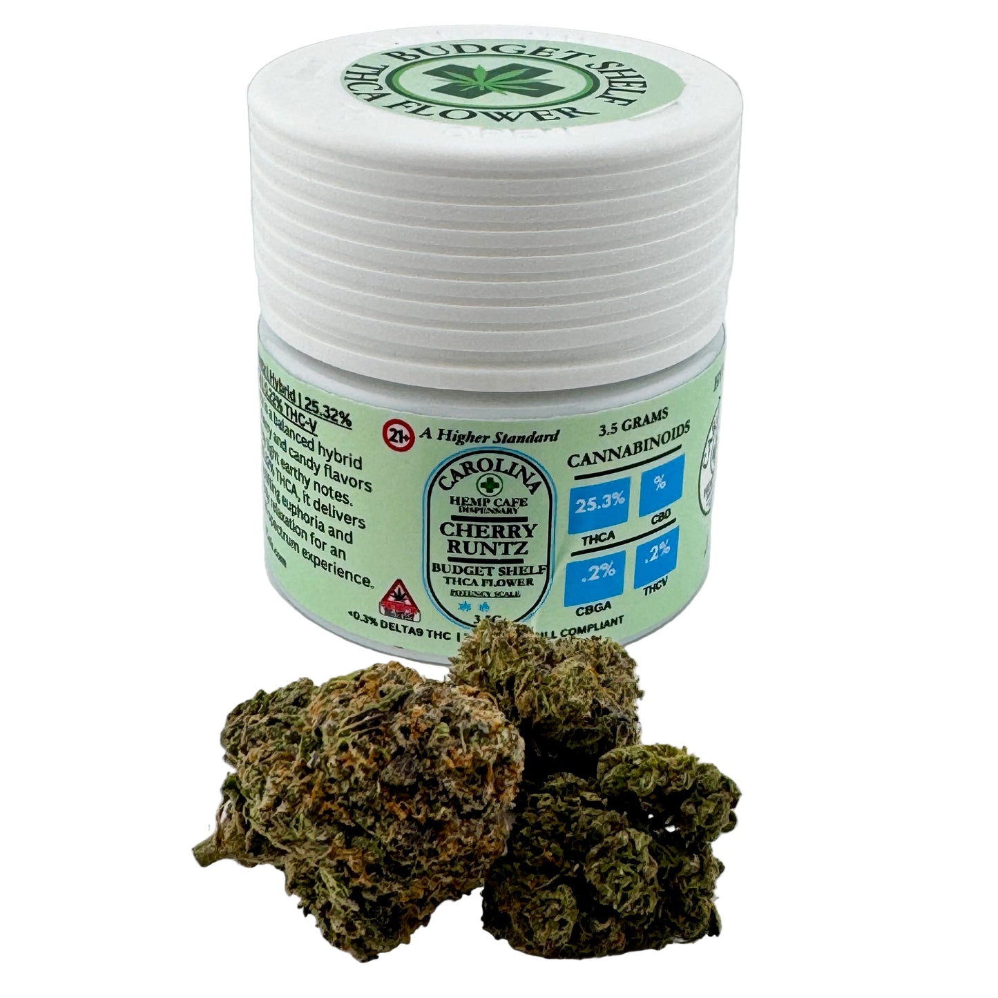Jar of cannabis buds with visible branding on a white background