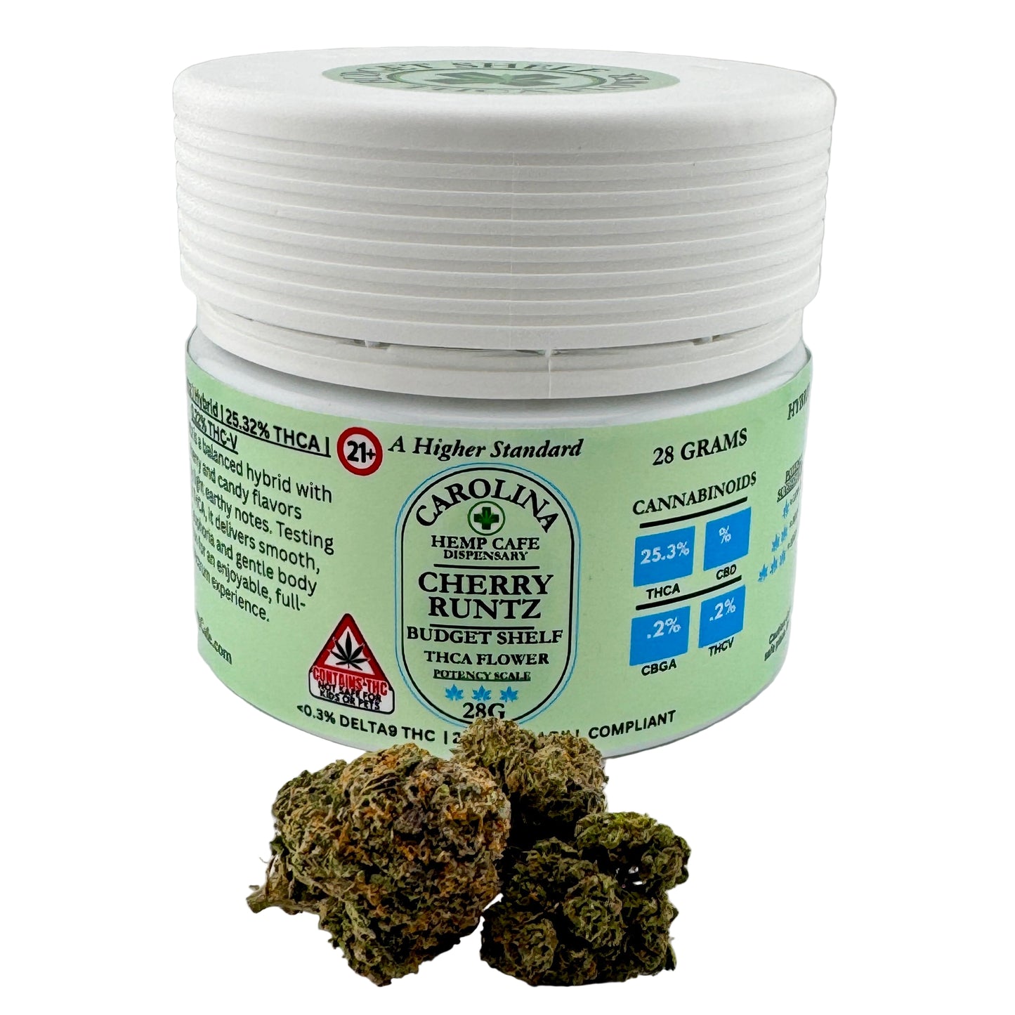 Jar of Carolina Hemp Cafe Cherry Runtz with cannabis buds on a white background