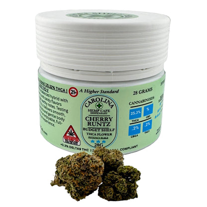 Jar of Carolina Hemp Cafe Cherry Runtz with cannabis buds on a white background