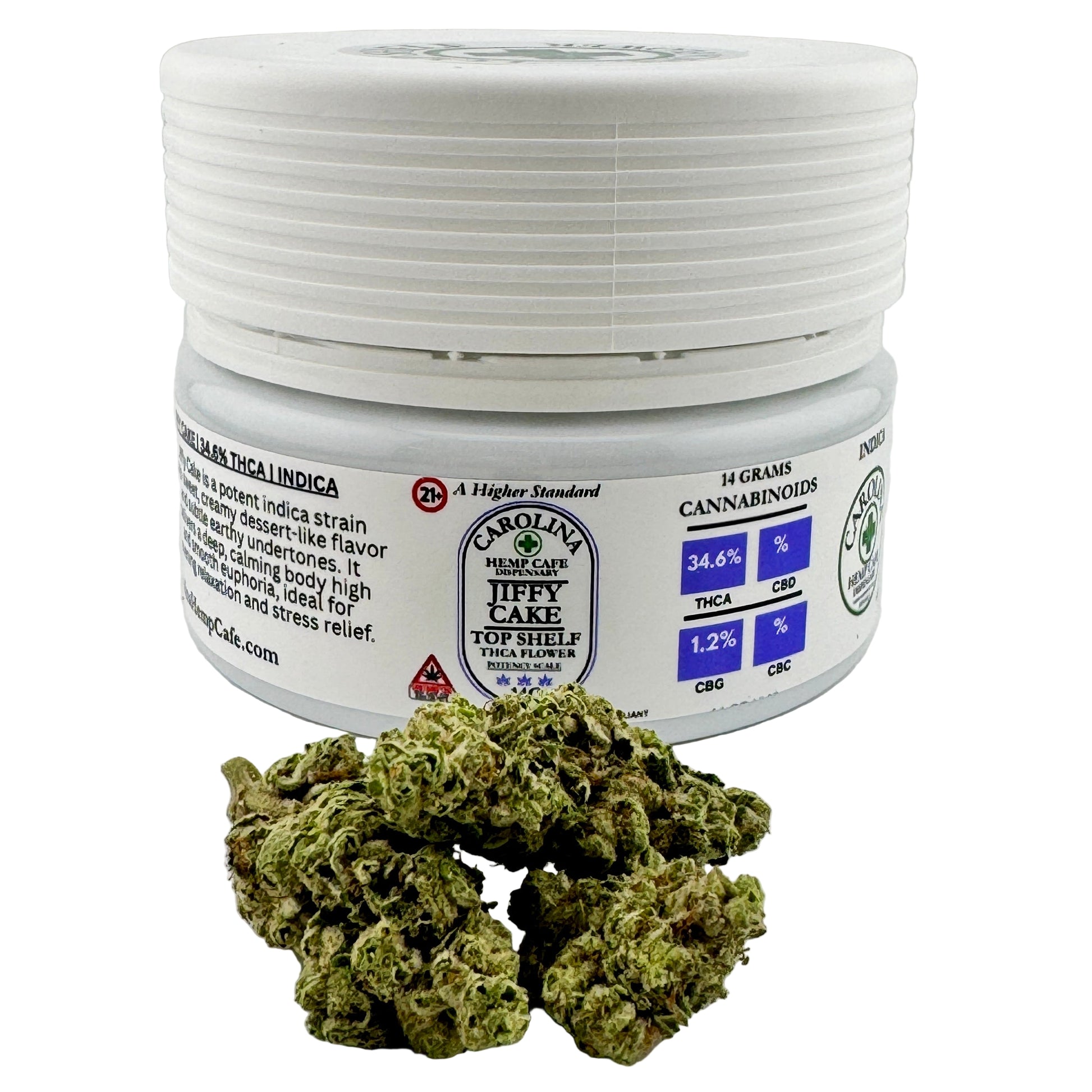 Jar of Carolina Hemp Cafe Jiffy Cake with cannabis buds on a white background