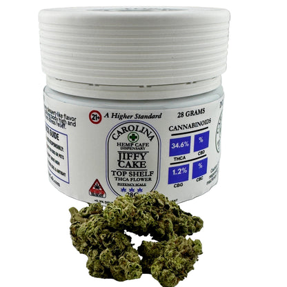 Jar of Carolina Hemp Cafe Jiffy Cake Top Shelf THC-A flower with cannabis buds on a white background