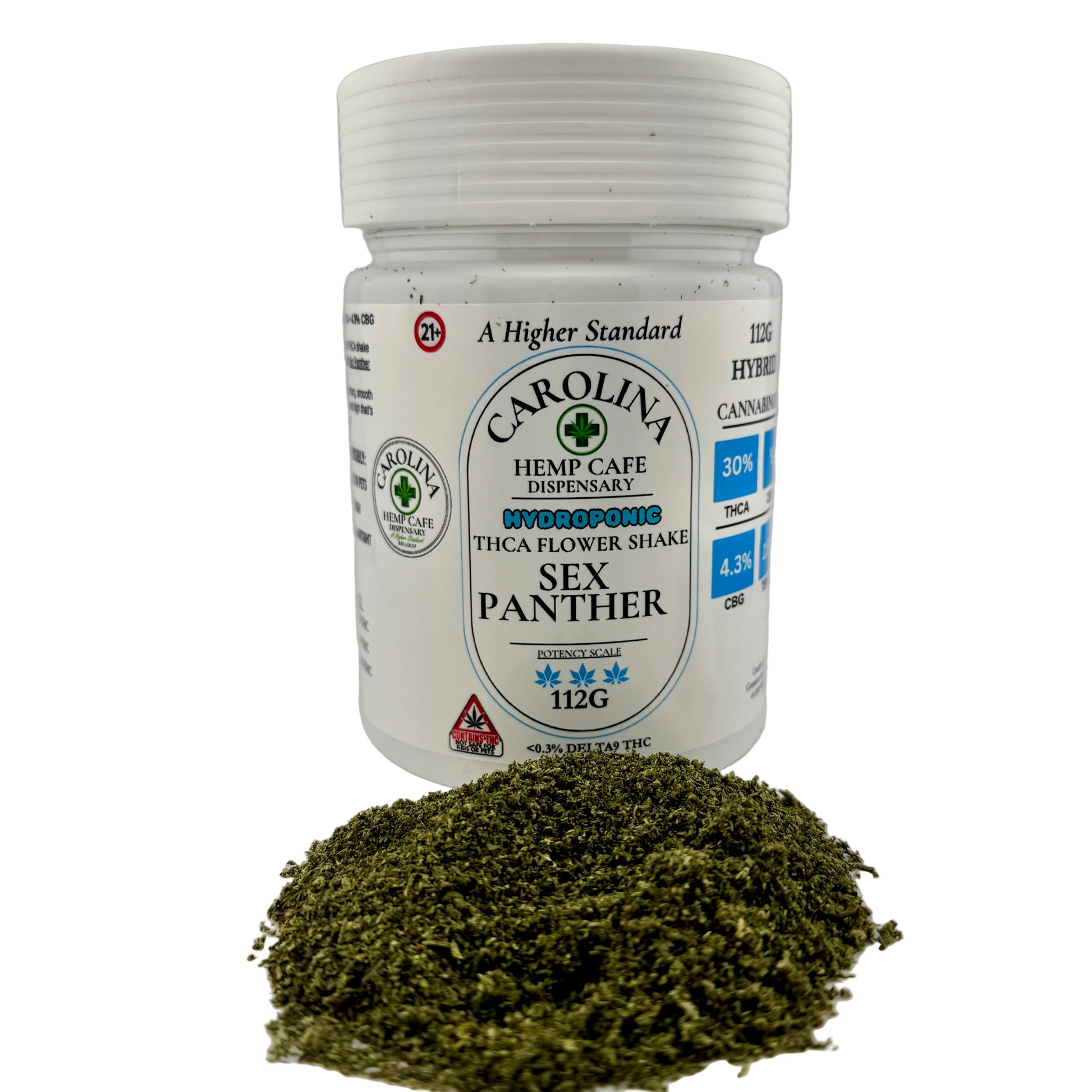 Jar of 'Sex Panther' thica flower shake with visible cannabis powder on a white background