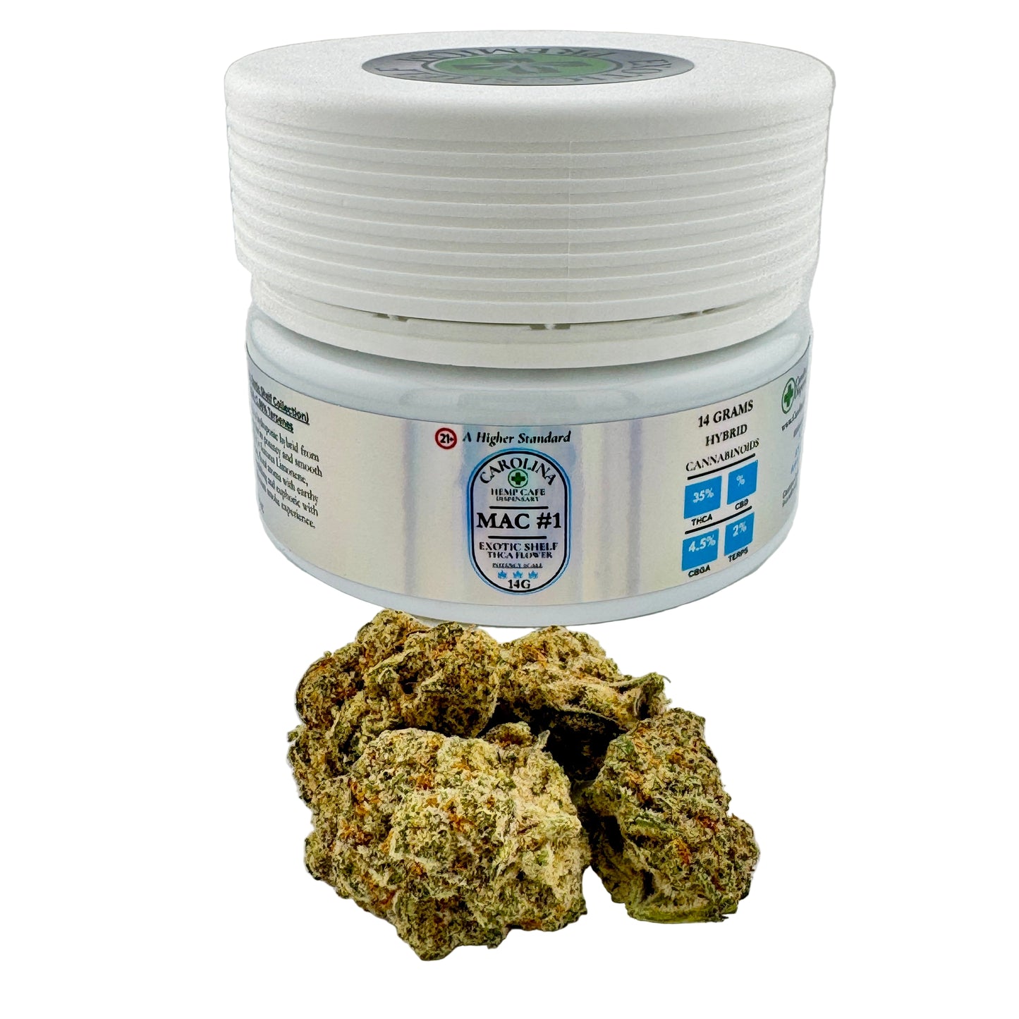 Jar of cannabis buds with a label on a white background