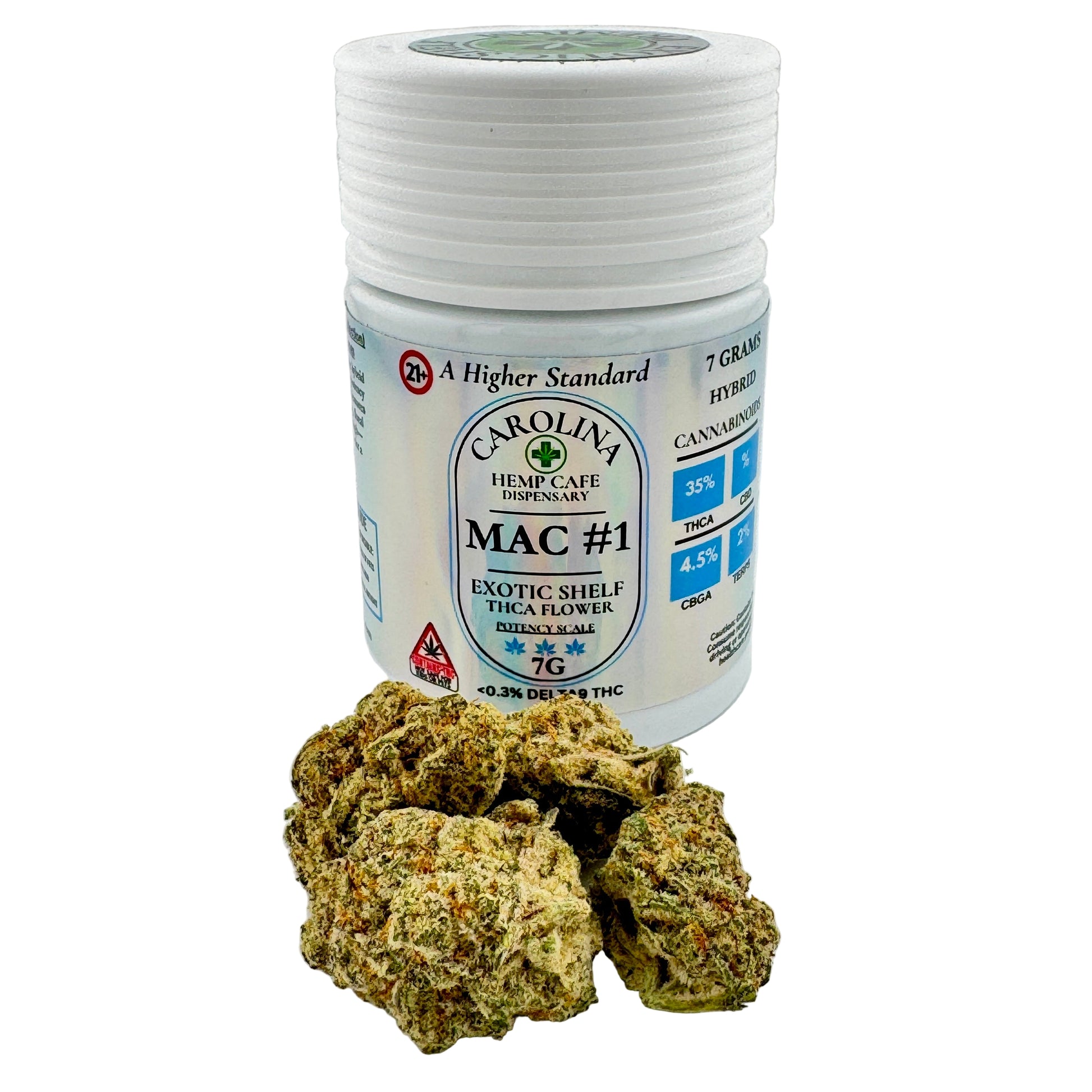 Jar of Carolina Hemp Cafe MAC #1THC flower on a white background