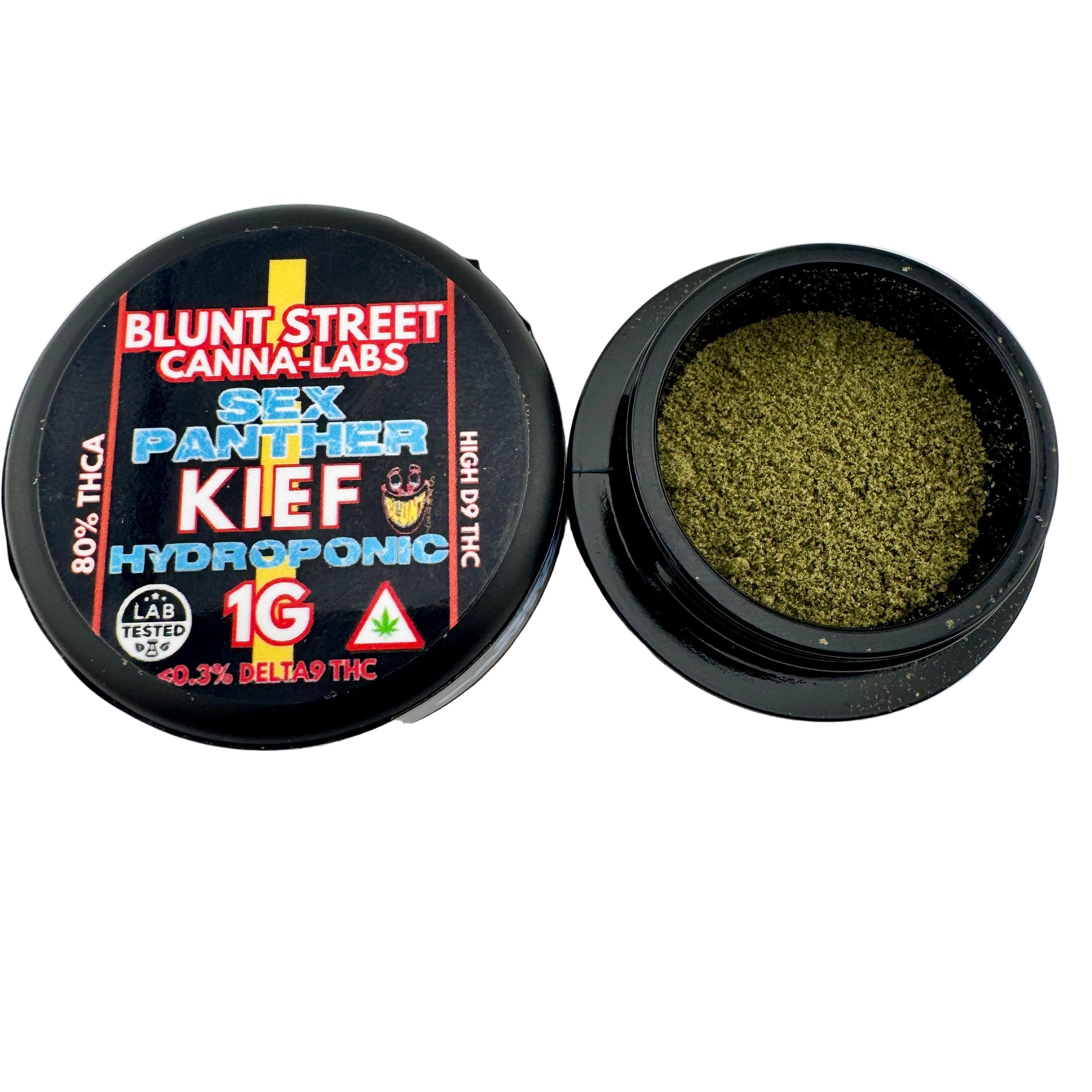 Open container of Blunt Street Canna-Labs Sex Panther Kief Hydroponic 1G on a white background