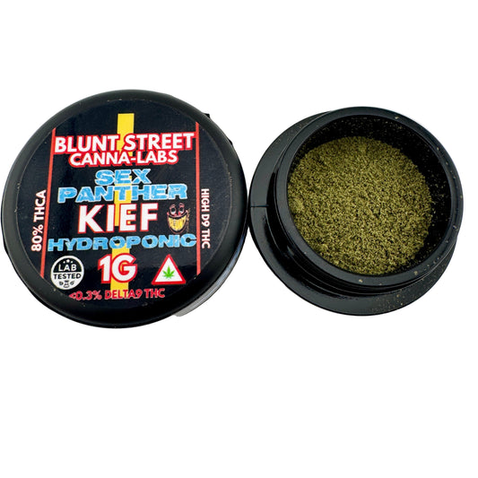 Open container of Blunt Street Canna-Labs Sex Panther Kief Hydroponic 1G on a white background