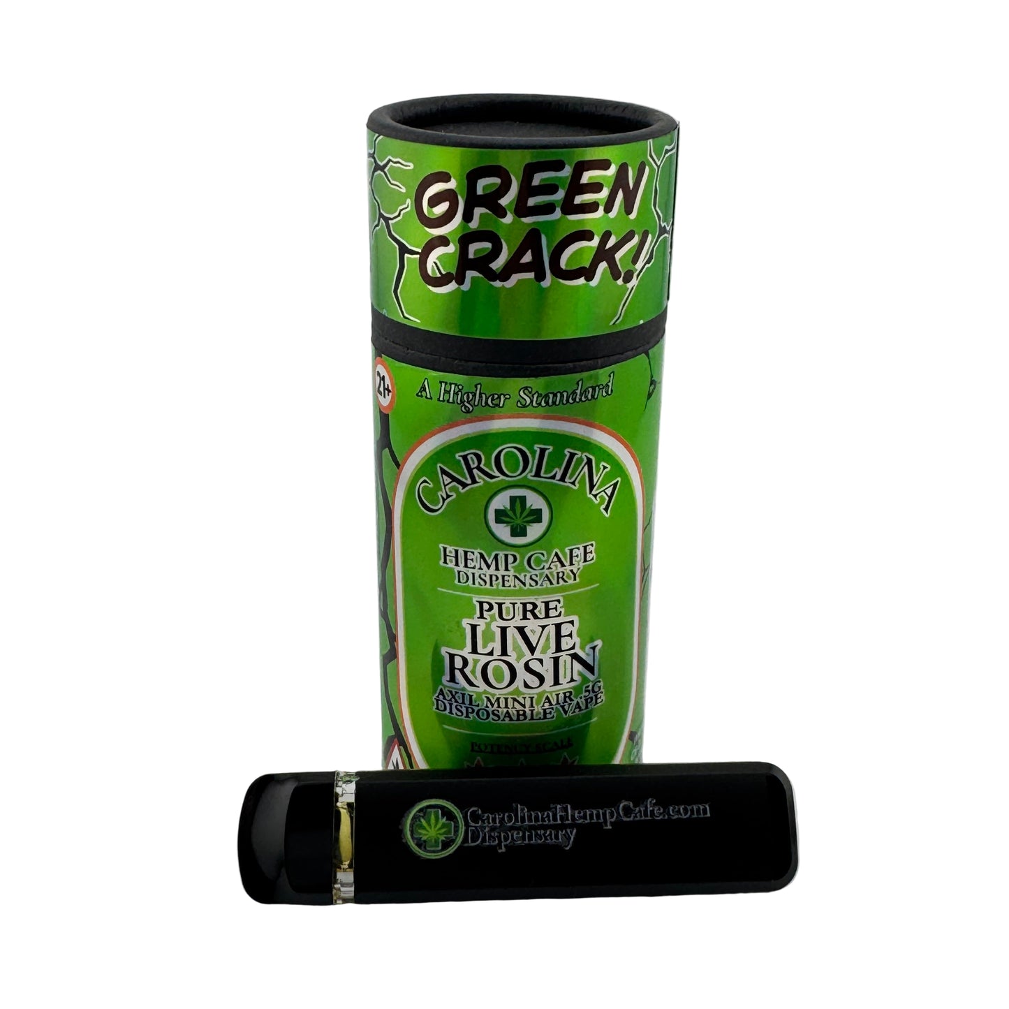 Green and black Carolina Hemp Cafe product on a gray background