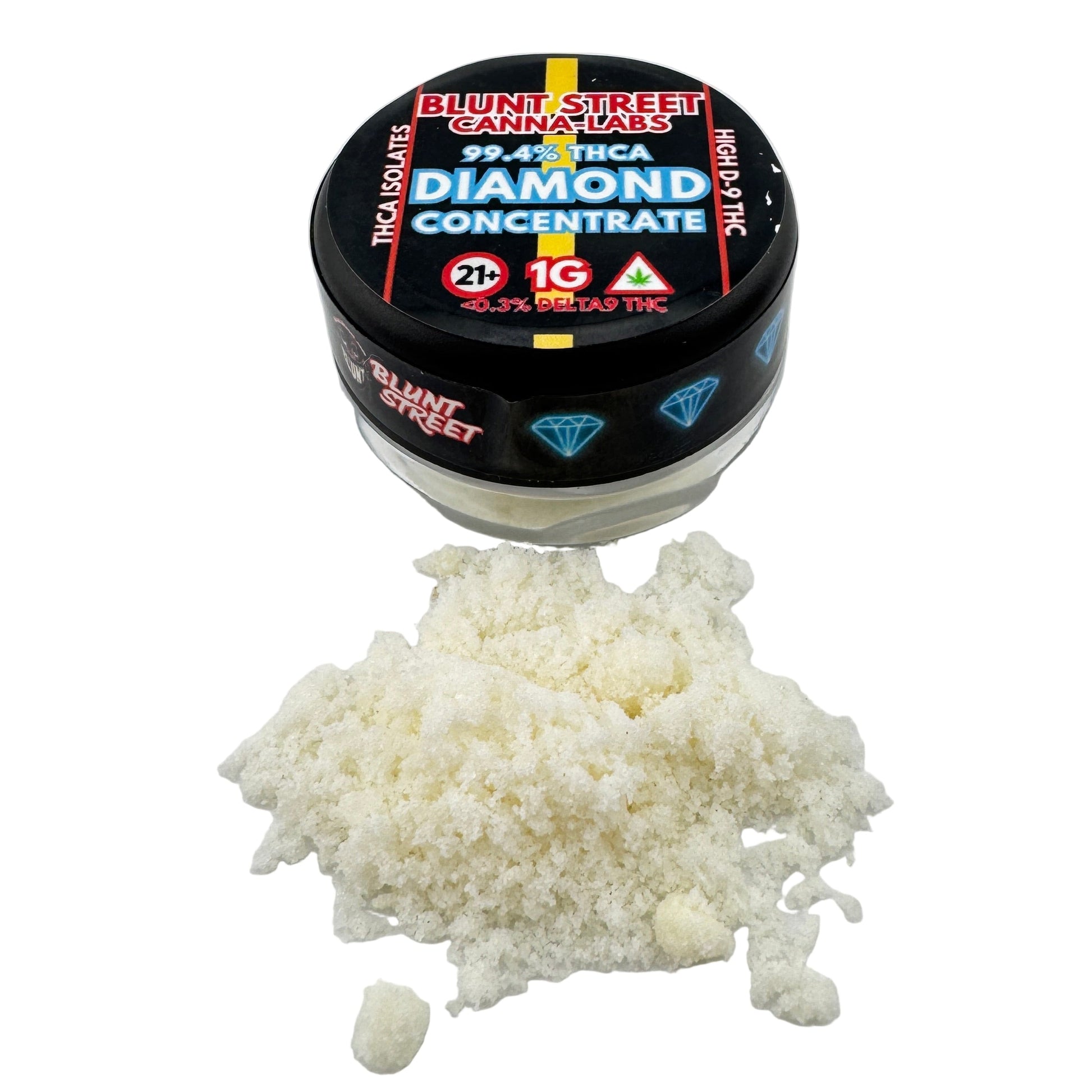 Jar of Blunt Street Cannabis Labs Diamond Concentrate on a white surface with some of the product spilling out.