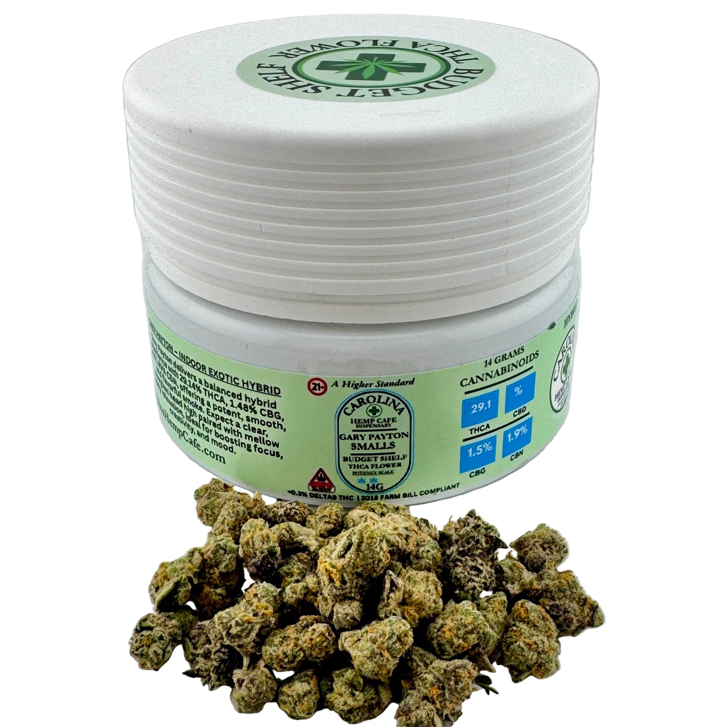 Jar of cannabis buds with a green label on a white background
