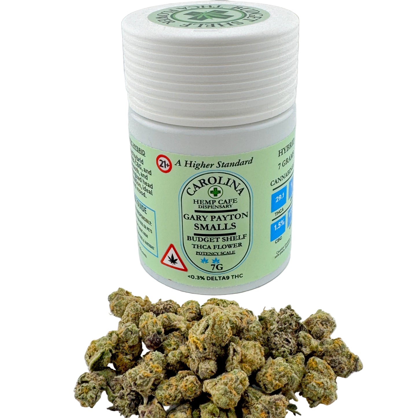 Jar of cannabis buds with a label on a white background