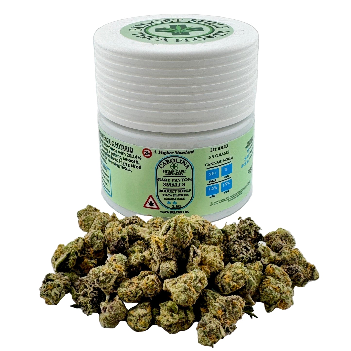 Jar of dried cannabis buds with a visible label on a white background