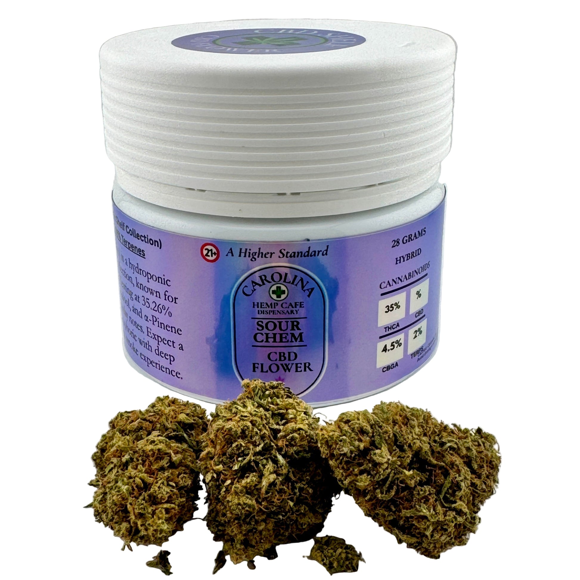 Jar of Carolina Hemp Company Sour Chem CBD flower with cannabis buds on a white background