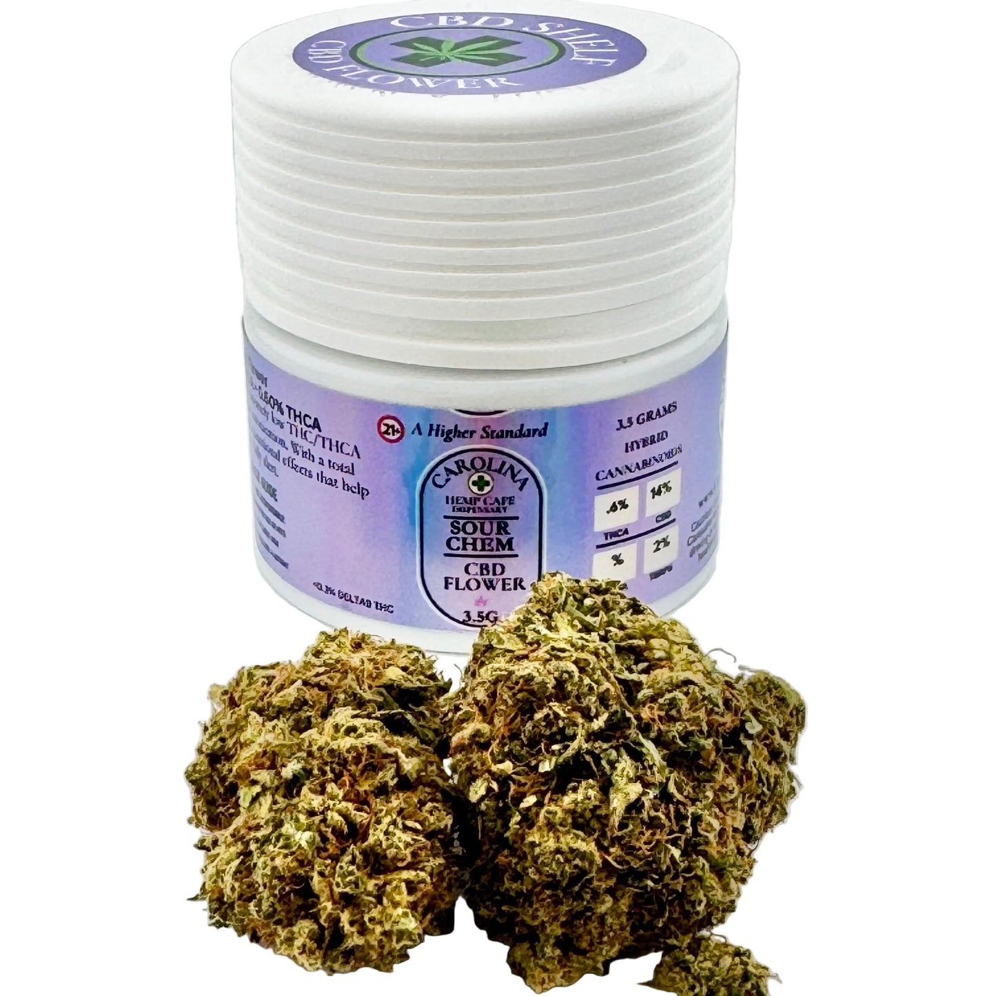 Jar of CBD flower with visible cannabis buds on a white background