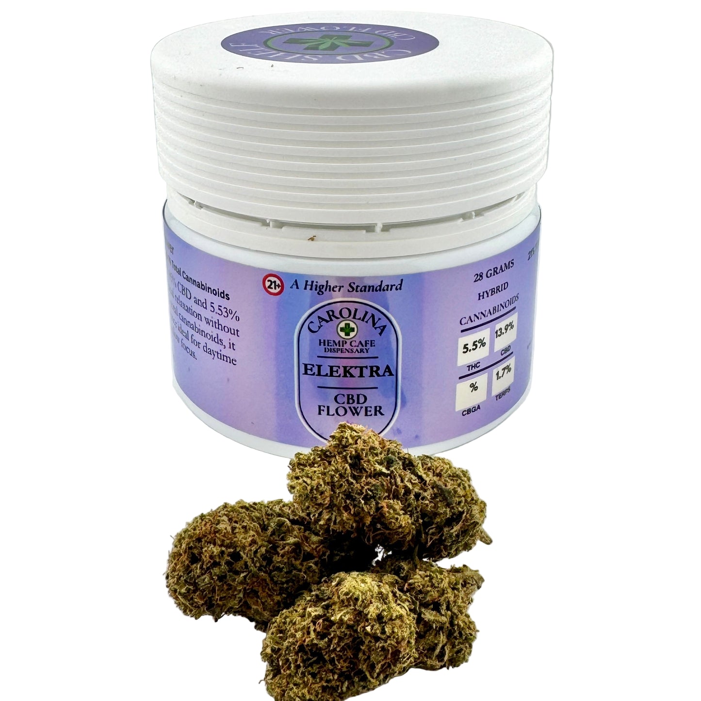 Jar of Carolina Hemp Cafe Elektra CBD Flower on a white background