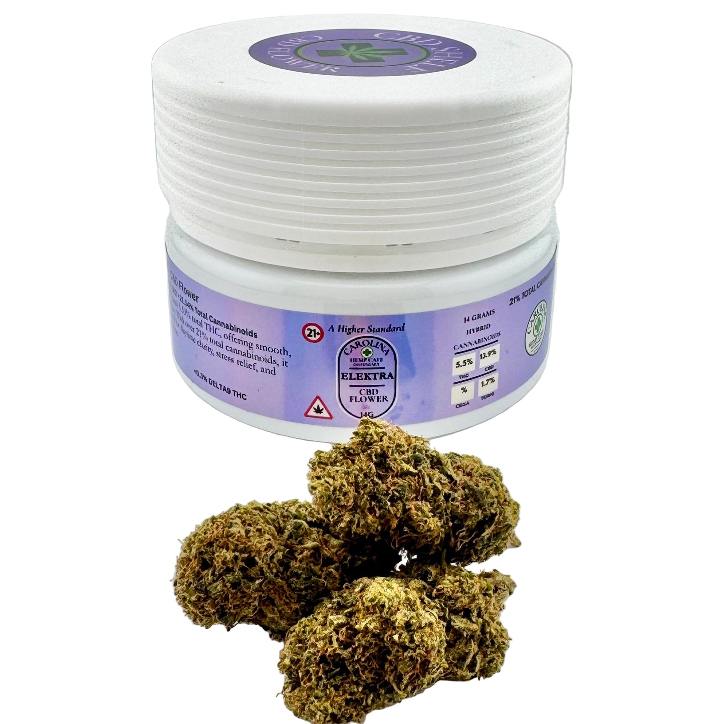 White container with purple label featuring cannabis product, surrounded by cannabis buds on a light gray background.