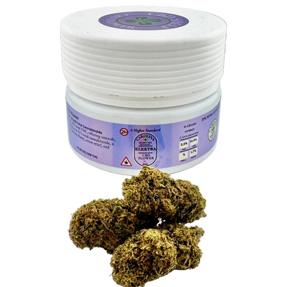White container with purple label featuring cannabis product, surrounded by cannabis buds on a light gray background.