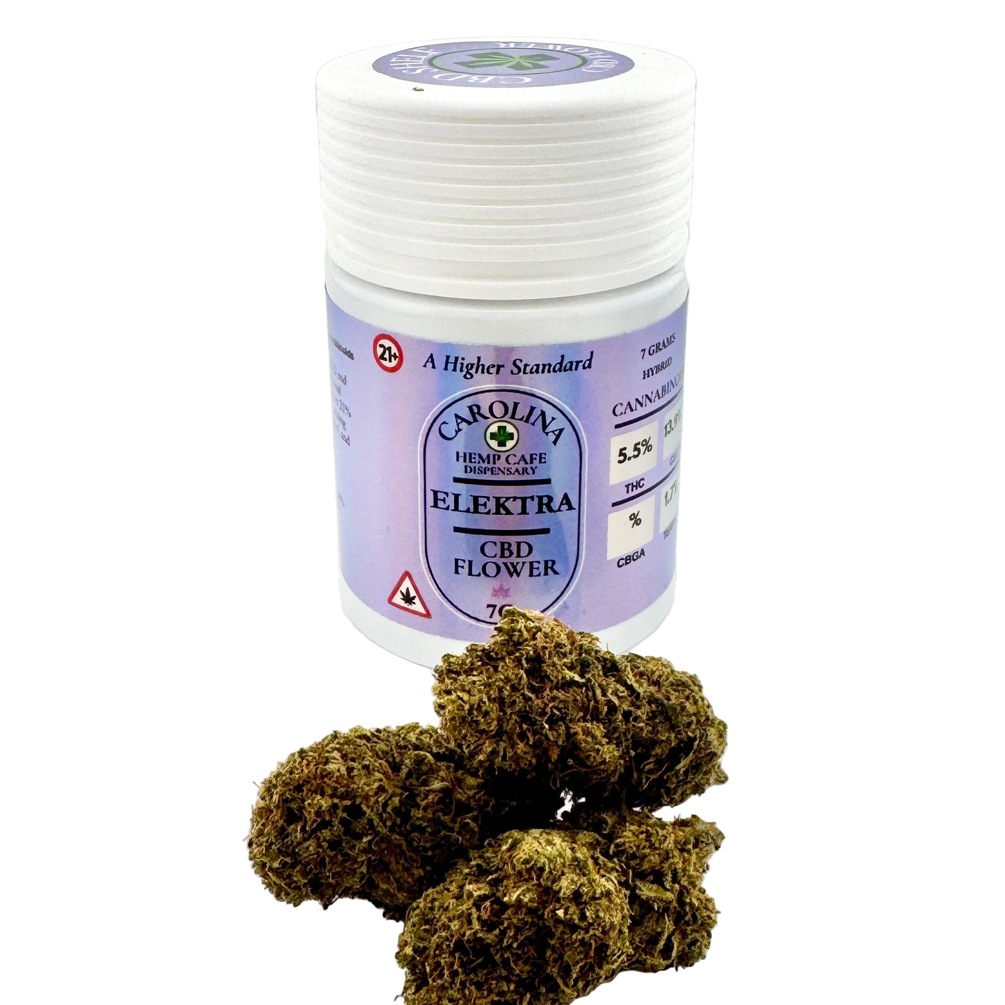 Jar of Carolina Hemp Cafe Elektra CBD Flower on a white background
