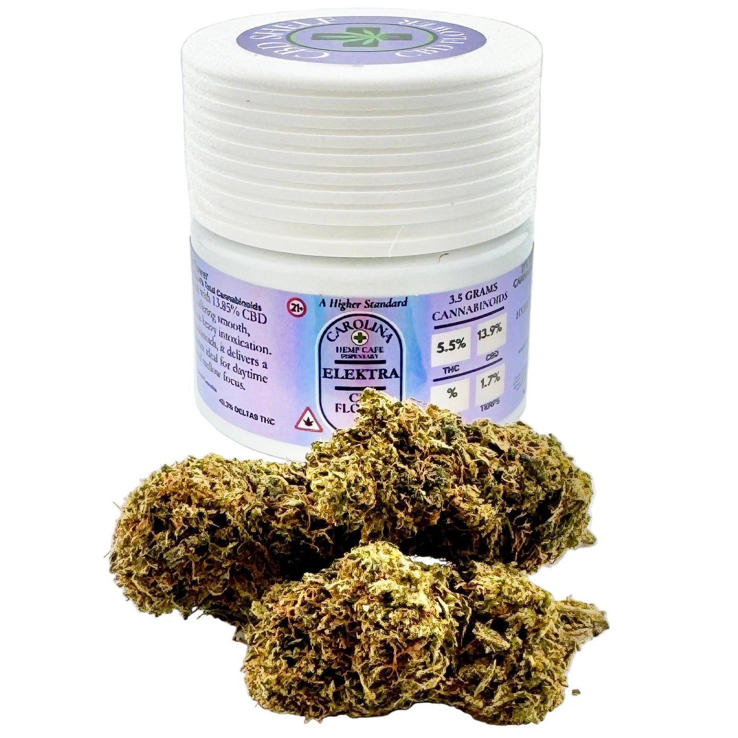 Jar of cannabis buds with a visible label on a white background
