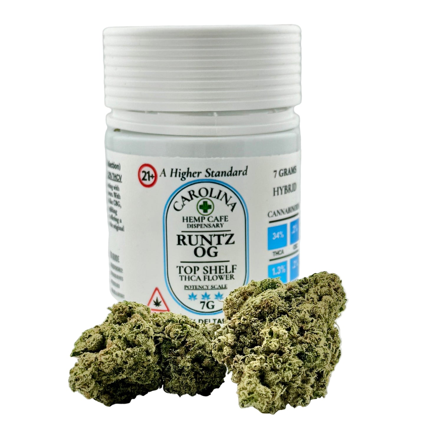 Jar of Carolina Hemp Cafe Dispensary Runtz OG cannabis with two buds on a white background