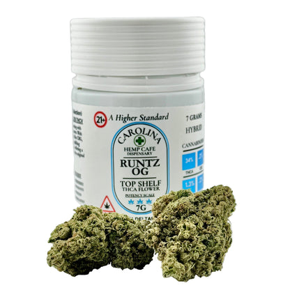 Jar of Carolina Hemp Cafe Dispensary Runtz OG cannabis with two buds on a white background