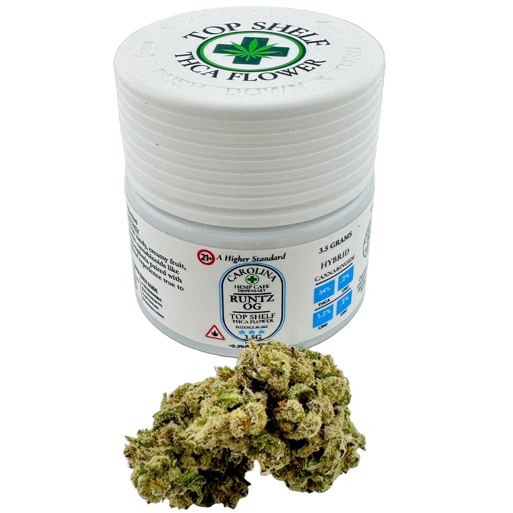 Jar of cannabis buds with a visible brand label on a white background