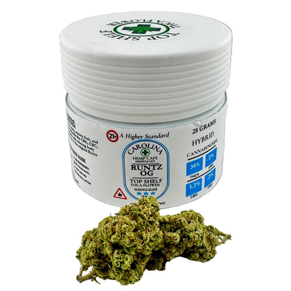 Jar of cannabis with a label on a gray background