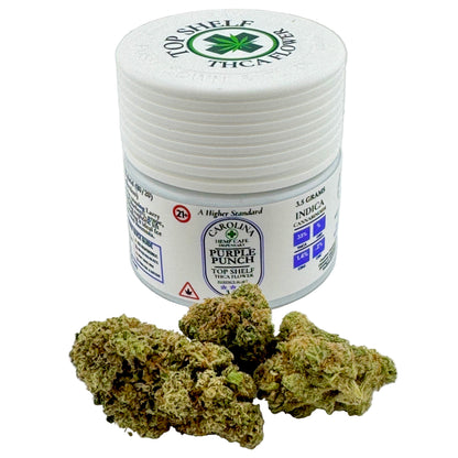 Jar of cannabis buds with a visible brand label on a white background