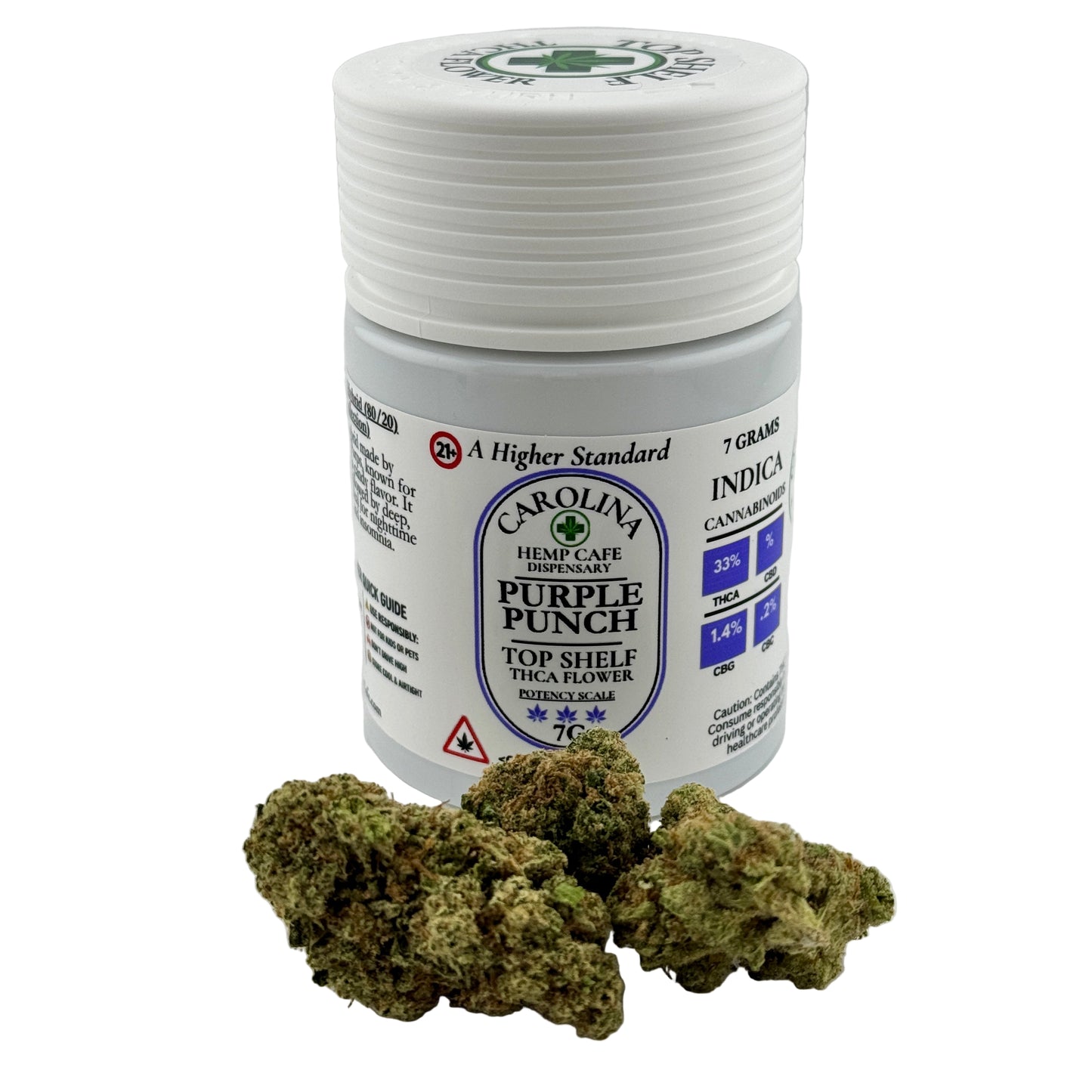 Jar of Carolina Hemp Cafe Purple Punch with cannabis buds on a white background