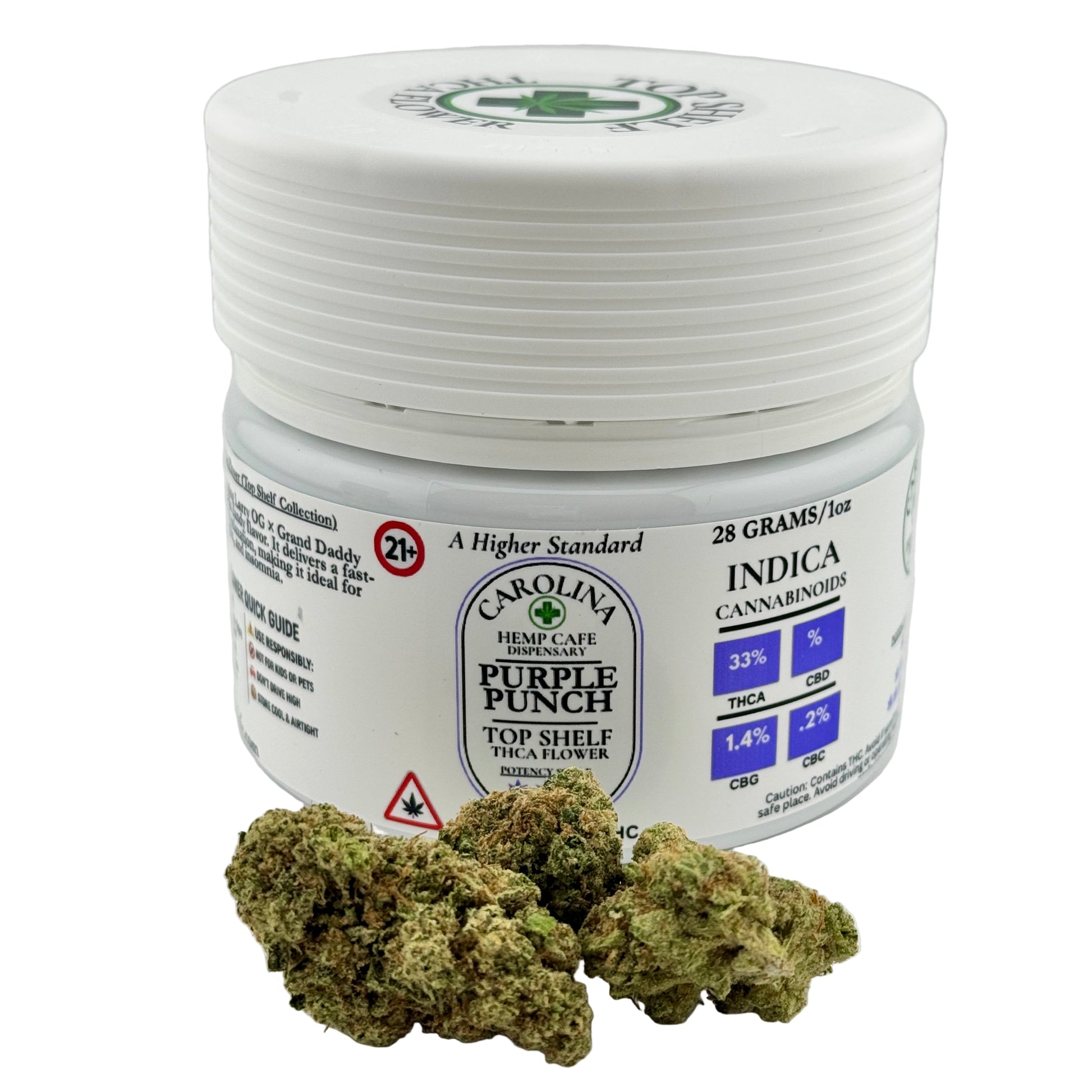 Jar of Carolina High Cafe Purple Punch cannabis with visible buds on a white background