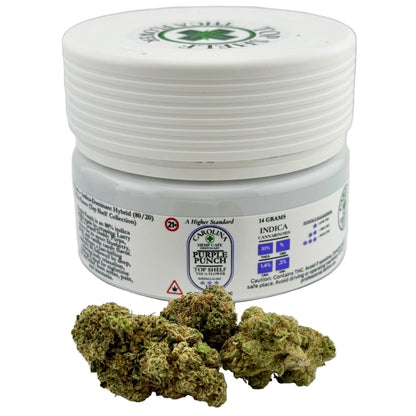 Jar of cannabis with visible branding on a white background