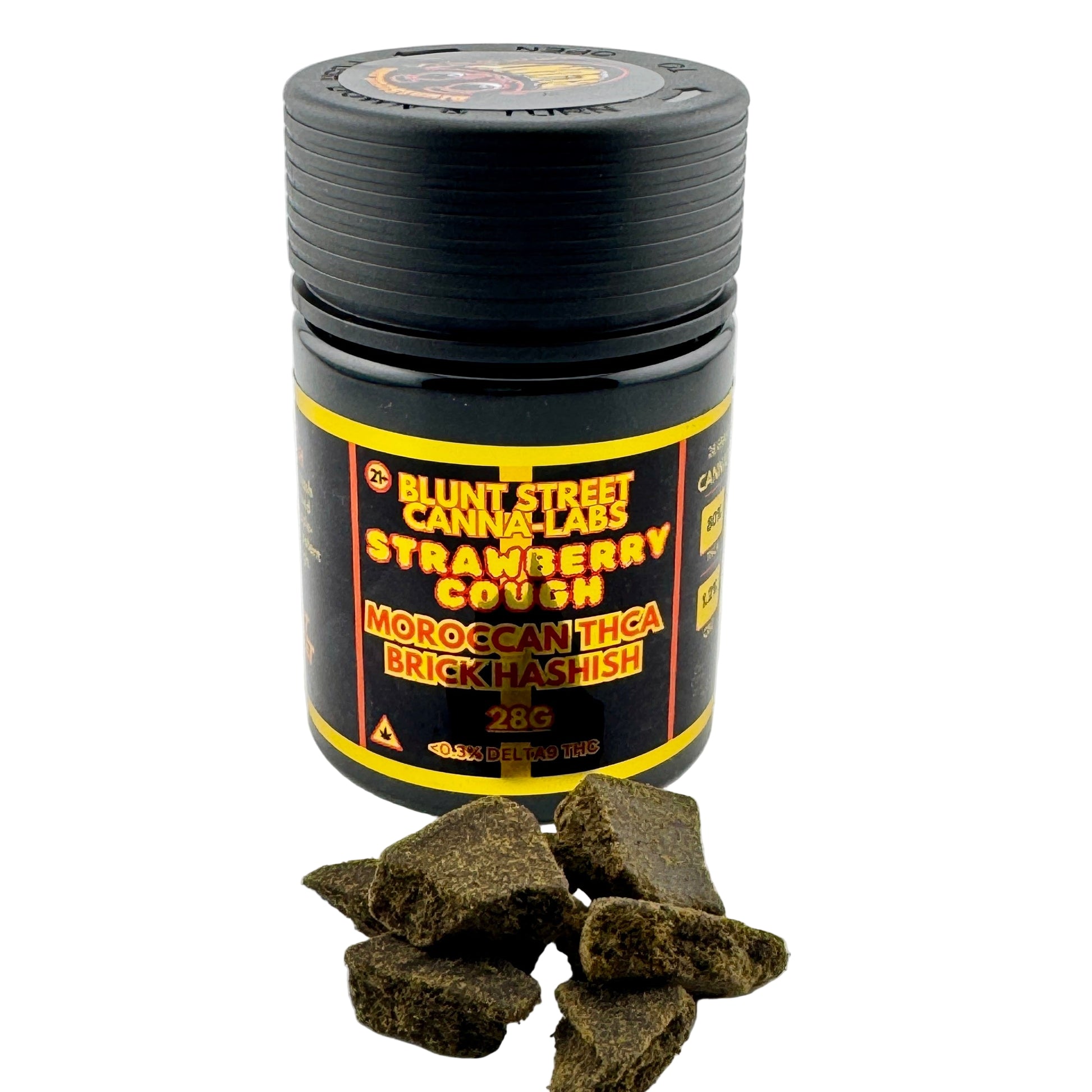 Black container labeled 'Blunt Street Canna Labs' with cannabis bricks on a white background