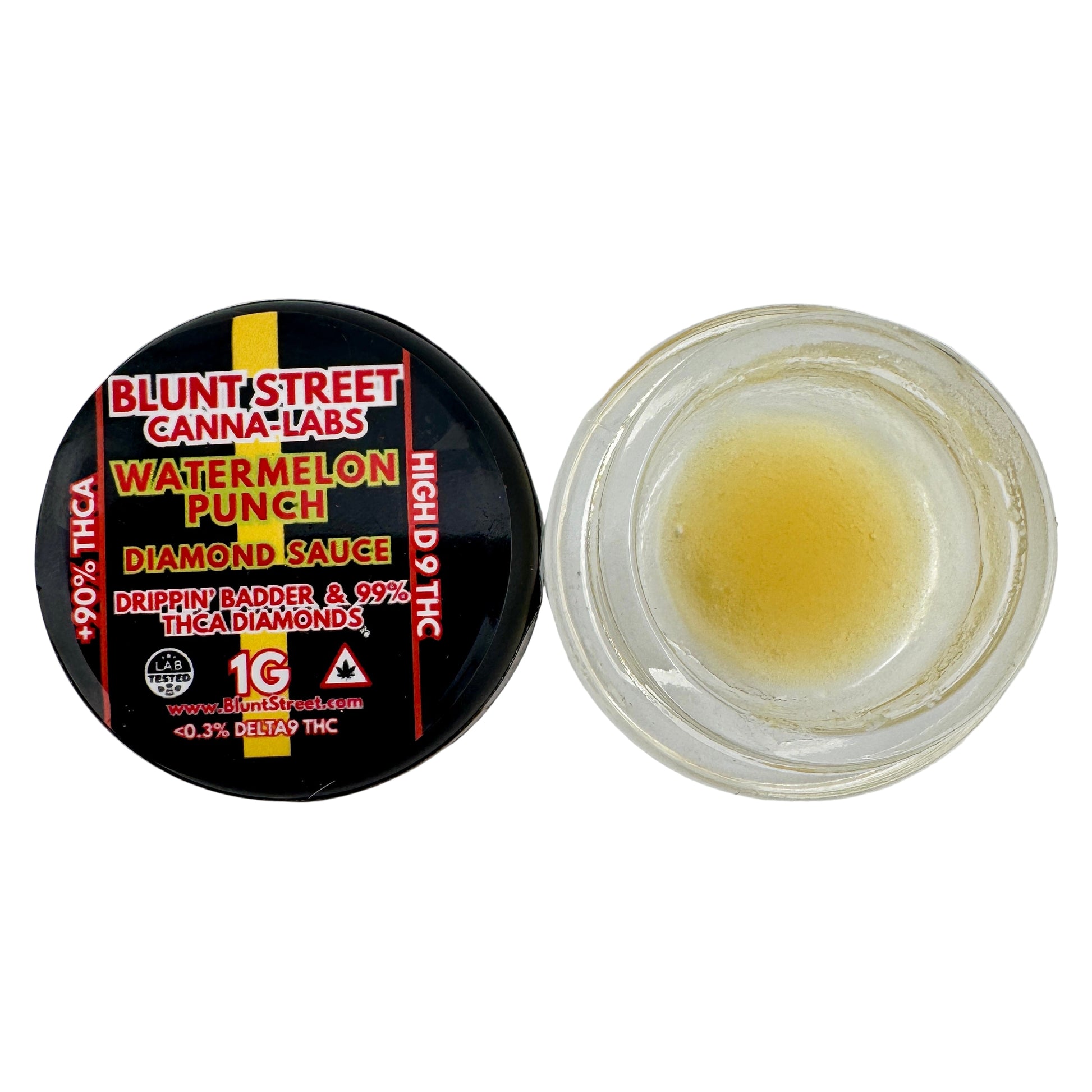 Blunt Street Canna Labs watermelon punch diamond sauce container with a clear lid showing the substance inside on a white background.