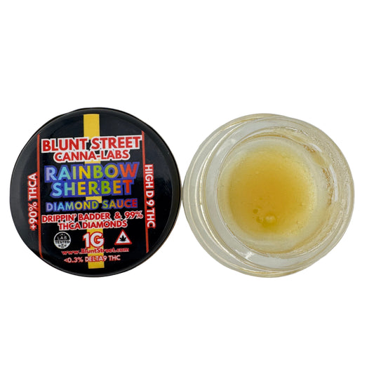 Container of Blunt Street Canna-Labs Rainbow Sherbet with a clear lid on a white background
