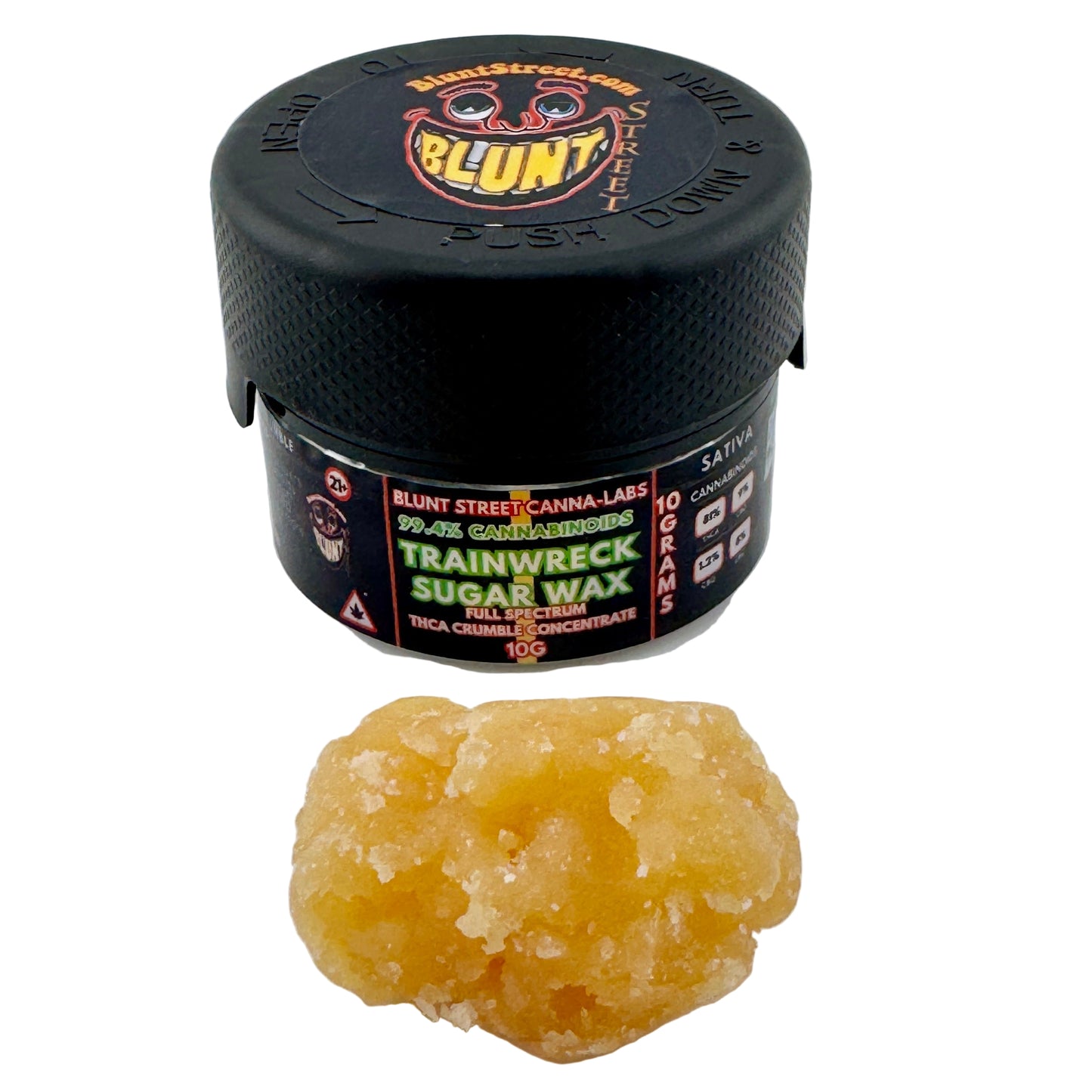 Jar of Blunt Street Canna-Label Trainwreck Sugar Wax on a white background
